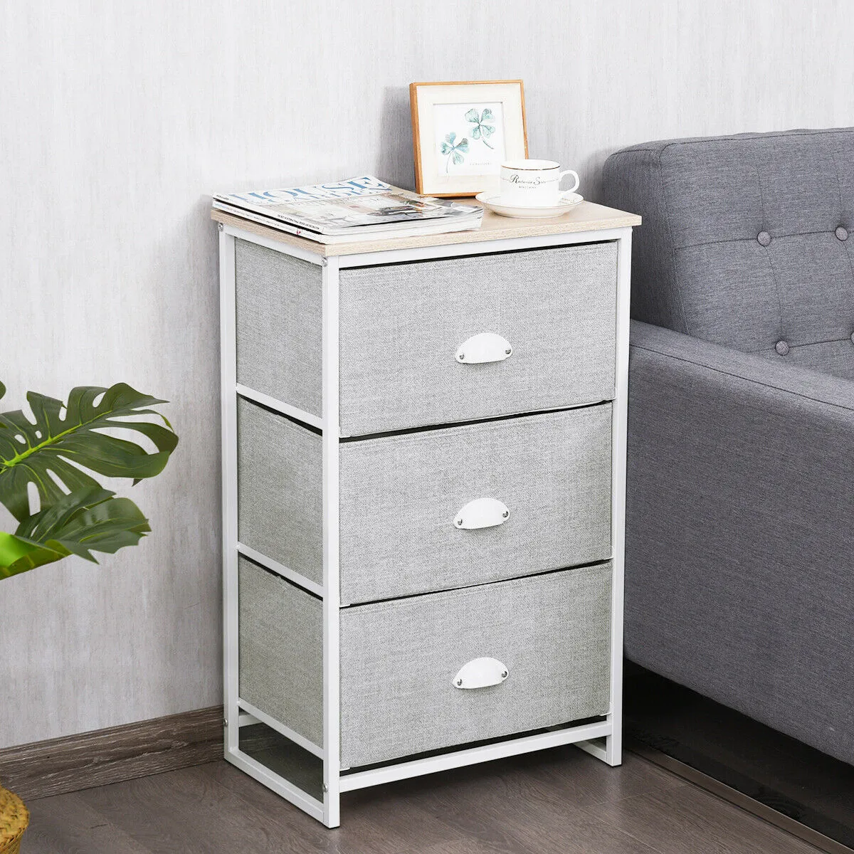 3/4 Fabric Nightstand Bedside Storage Cabinet Folding Drawers-3-Tier-White