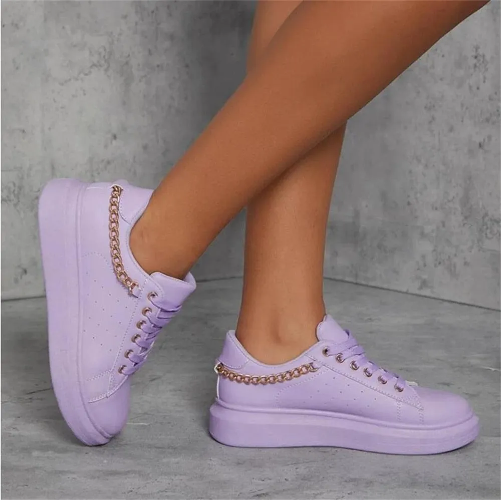 Amozae  Women's Shoes 2022 Spring New Ladies Metal Chain Breathable Lace Up Casual Sport Flats Running Walking Female Trendy Sneakers