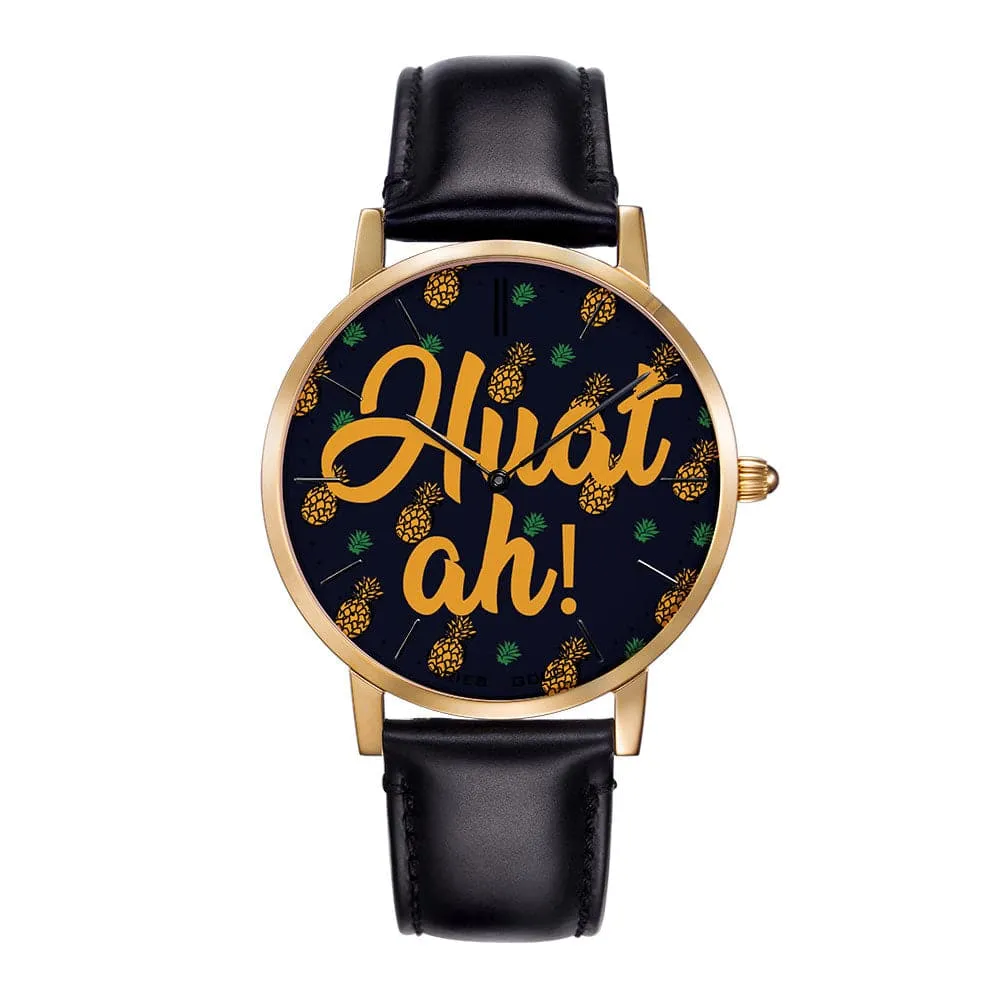 ARIES GOLD CUSTOMISED GOLD STAINLESS STEEL WATCH - HUAT AH BLACK UNISEX LEATHER STRAP WATCH