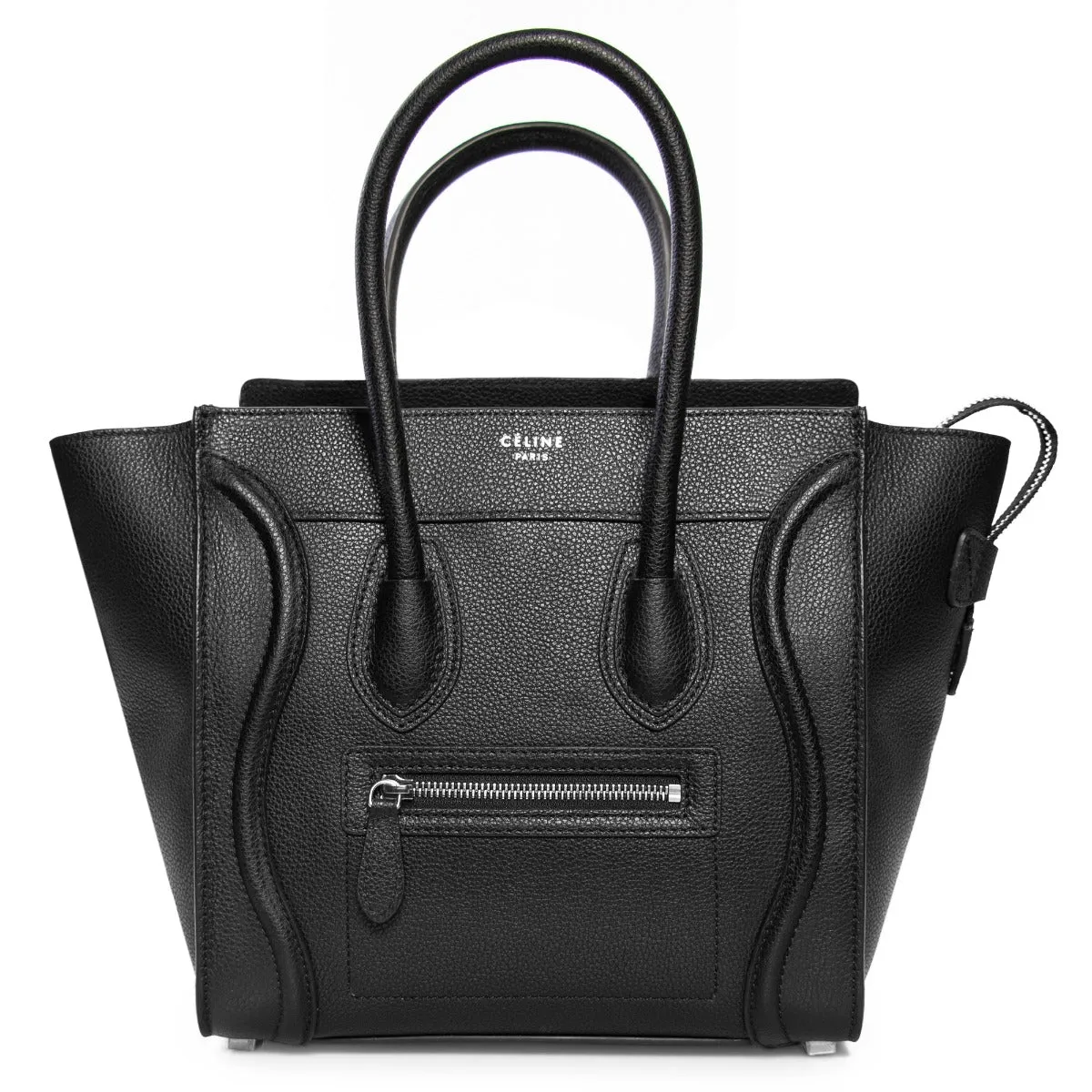 Celine Micro Luggage Tote Bag | Black Drummed Calfskin with Silver Hardware