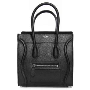 Celine Micro Luggage Tote Bag | Black Drummed Calfskin with Silver Hardware