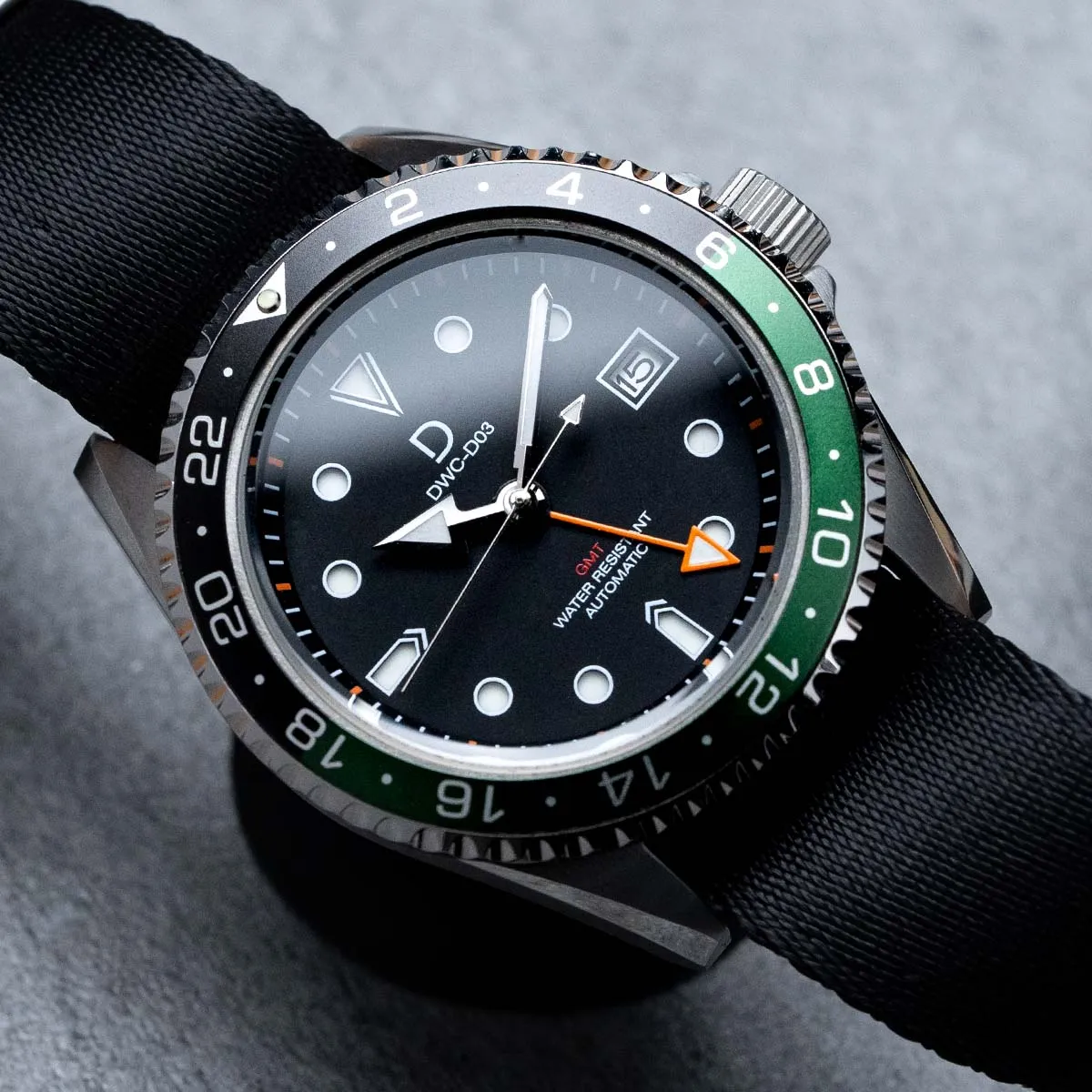 DIY Watch Kit | 42mm GMT Sprite Dive Watch | Seiko GMT movement | Aluminum-Steel Hybrid Green & Black GMT Bezel | DWC-D03