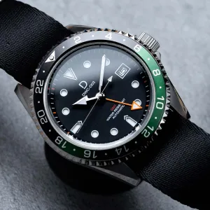 DIY Watch Kit | 42mm GMT Sprite Dive Watch | Seiko GMT movement | Aluminum-Steel Hybrid Green & Black GMT Bezel | DWC-D03