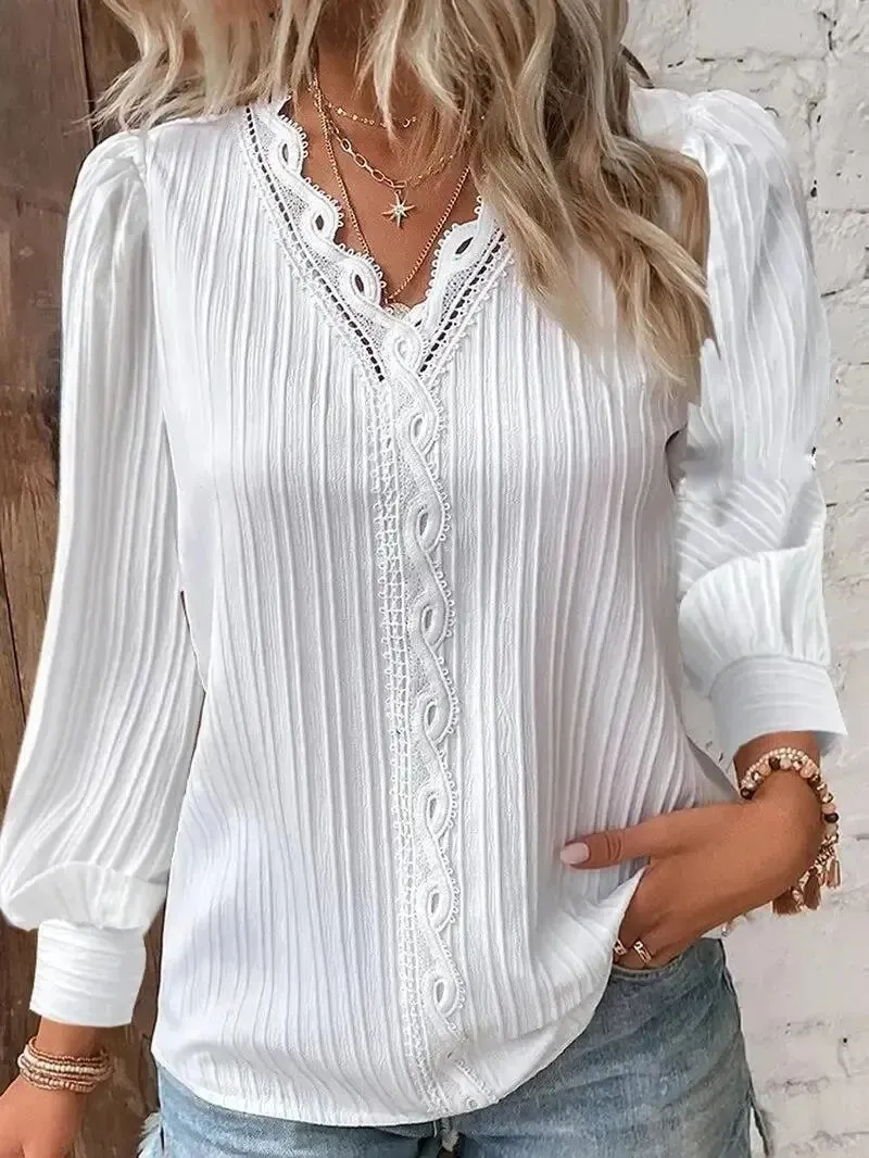 Elegant Chiffon V-Neck Blouse with Lace Stitching