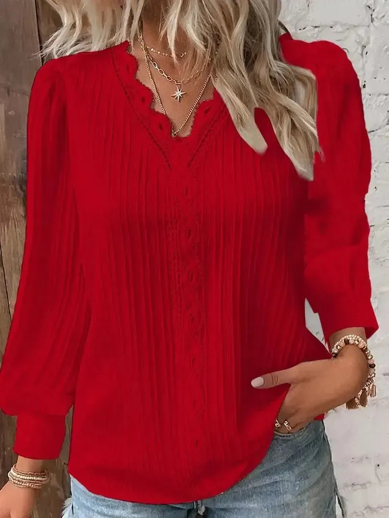 Elegant Chiffon V-Neck Blouse with Lace Stitching