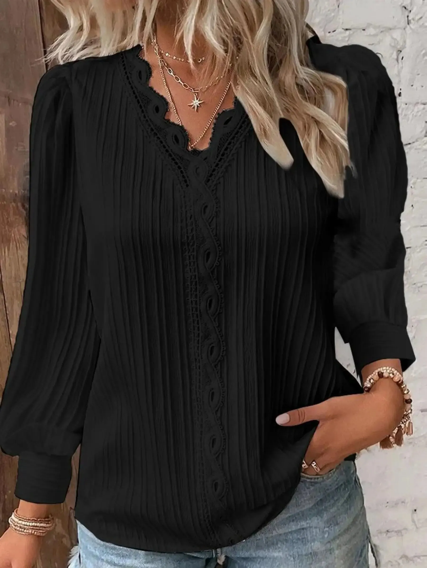 Elegant Chiffon V-Neck Blouse with Lace Stitching