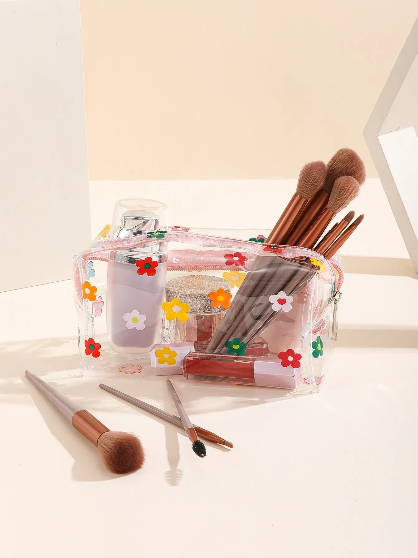 Flower Transparent Square Makeup Bag Cosmetic Organizer Toiletries Bag Makeup