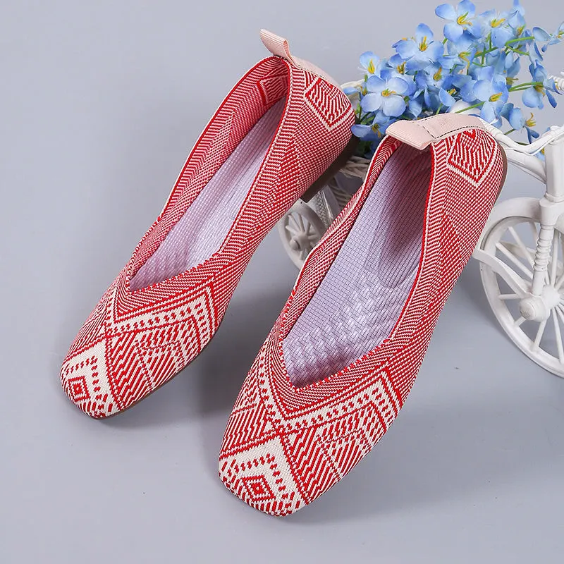 Flying Woven Geometric Pattern Slip-on Flat Ultra Light Breathable Soft Sole Ballet Shoes