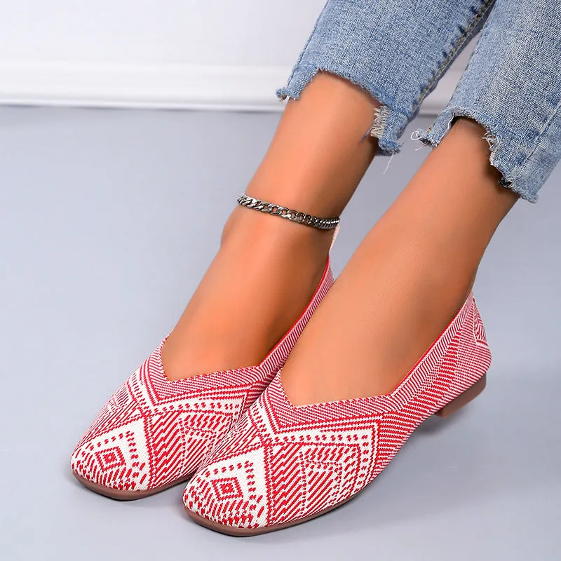 Flying Woven Geometric Pattern Slip-on Flat Ultra Light Breathable Soft Sole Ballet Shoes