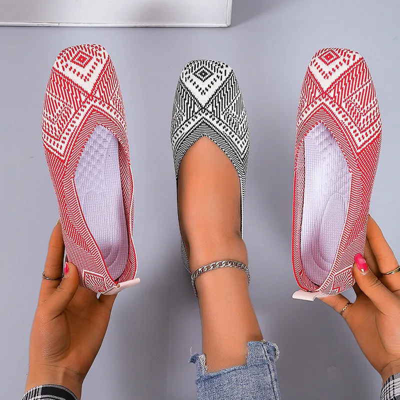 Flying Woven Geometric Pattern Slip-on Flat Ultra Light Breathable Soft Sole Ballet Shoes