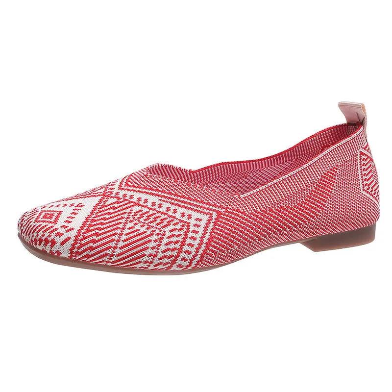 Flying Woven Geometric Pattern Slip-on Flat Ultra Light Breathable Soft Sole Ballet Shoes