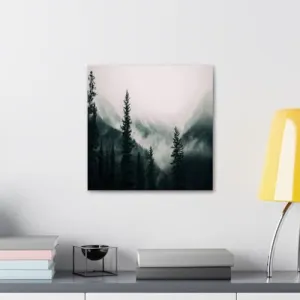 GADGETS WRAP Canvas Gallery Wrap Framed for Home Office Studio Living Room Decoration (10x10inch) - Tall Trees & Mountains With Fog