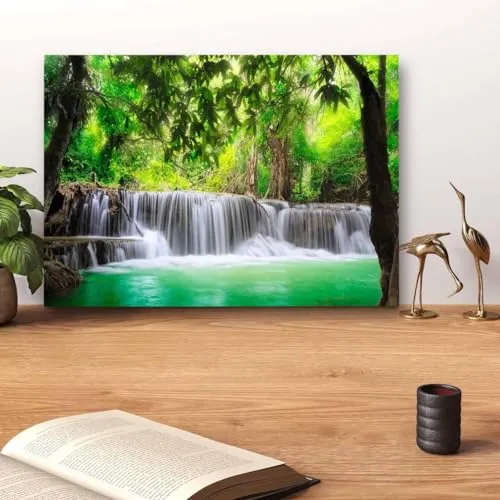 GADGETS WRAP Canvas Gallery Wrap Framed for Home Office Studio Living Room Decoration (14x11inch) - Green Tropical Waterfall