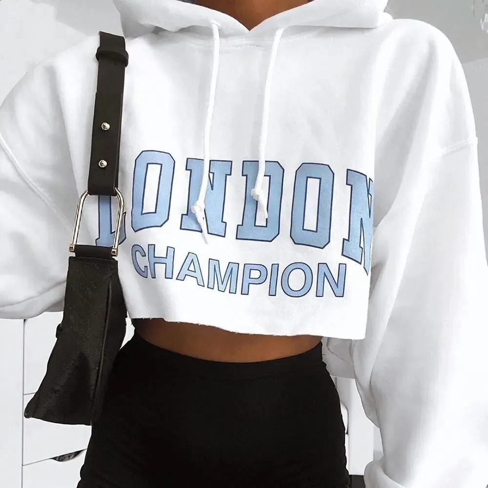 Long Sleeve Short Sweatshirt Blue Letter White Hooded Cropped Hoodies