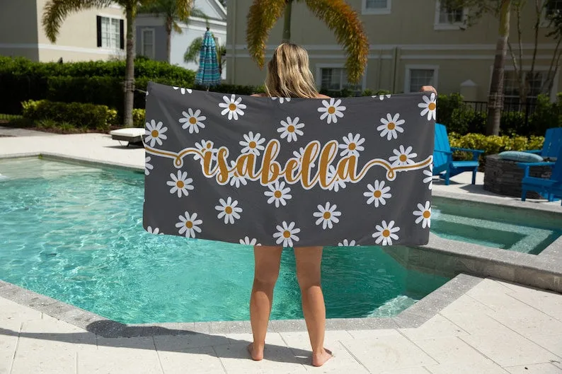 Personalized Daisy Beach Towel, Custom Daisy Beach Towel, Custom Beach Towel for Brides, Beach Towel for Womens, Floral Beach Towel