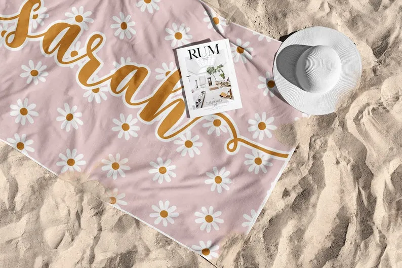 Personalized Daisy Beach Towel, Custom Daisy Beach Towel, Custom Beach Towel for Brides, Beach Towel for Womens, Floral Beach Towel