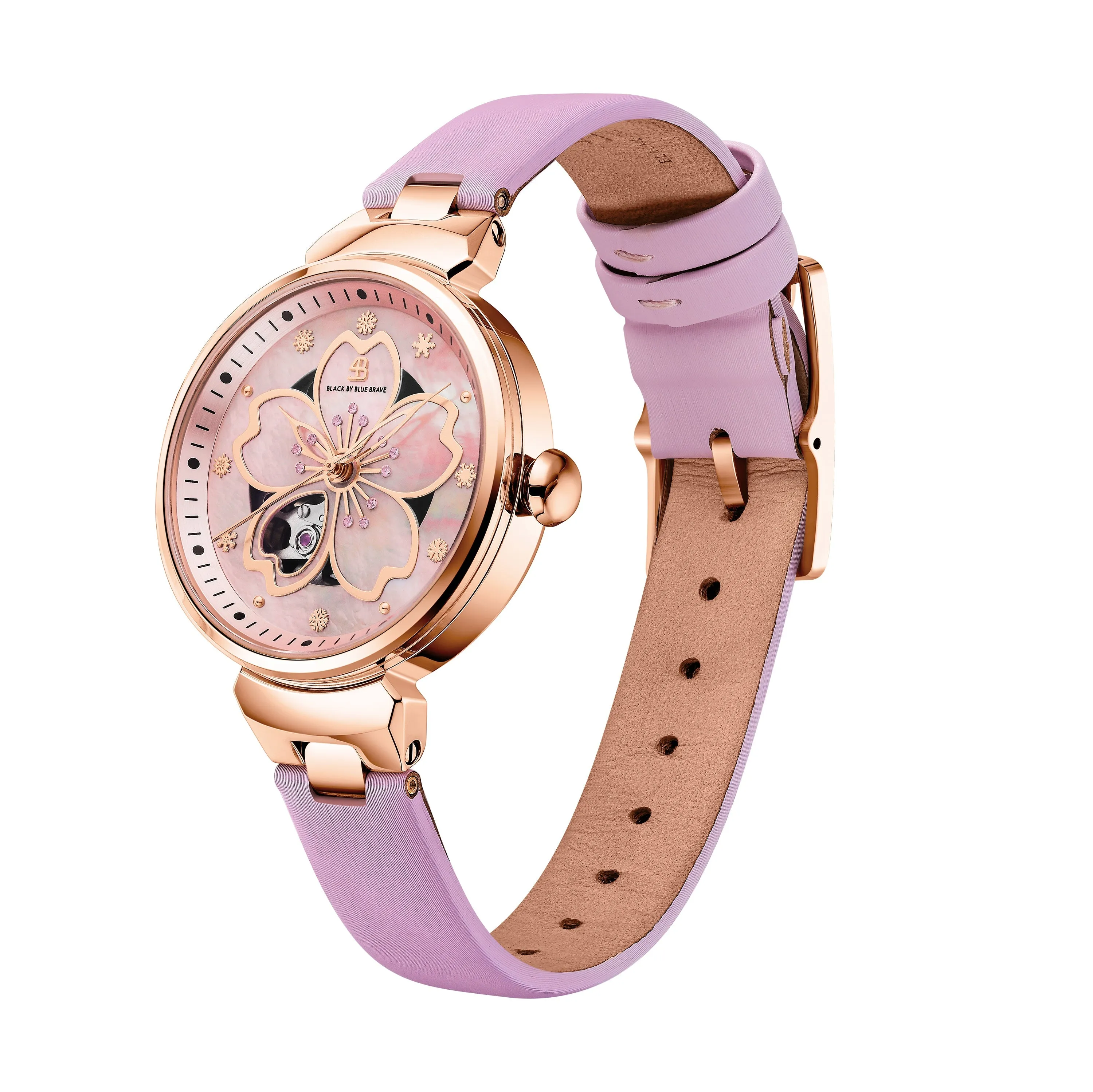 PINK CHERRY BLOSSOM 36MM AUTOMATIC WATCH & ROSEGOLD FLOWER EARRINGS & PINK CERAMIC CERAMIC