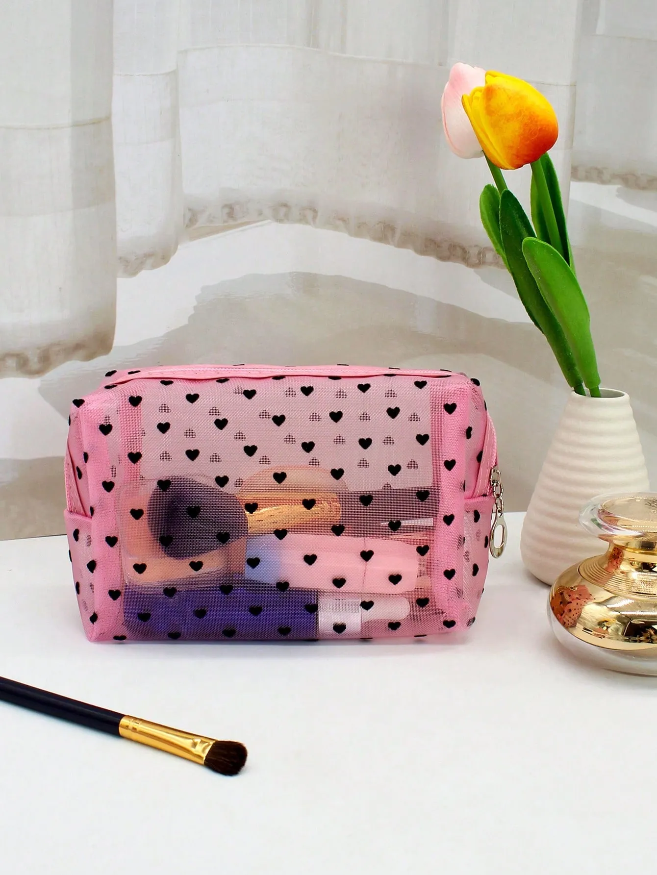 Pink Mesh Flocking Hearts Portable Transparent Makeup Bag For Women Girls