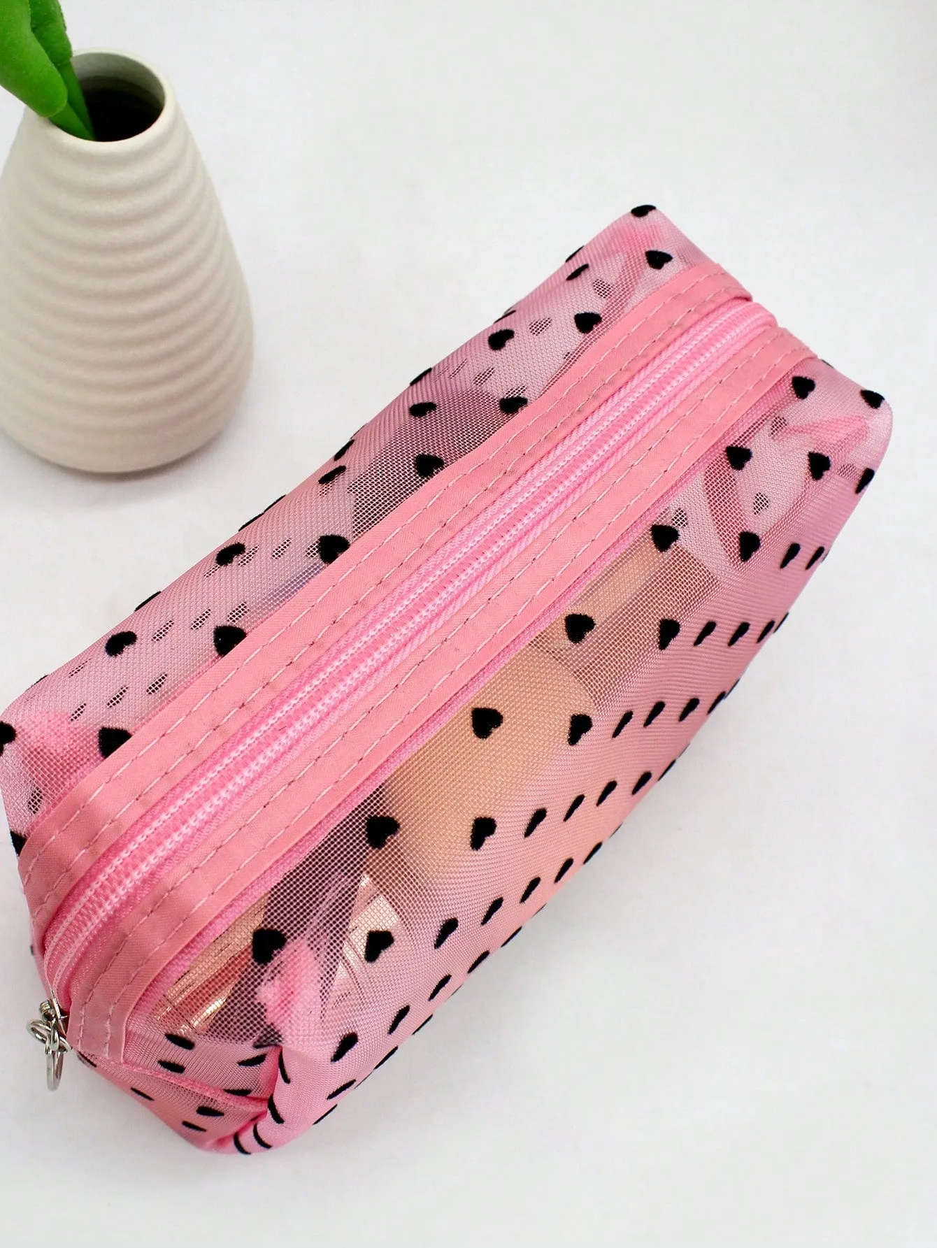 Pink Mesh Flocking Hearts Portable Transparent Makeup Bag For Women Girls