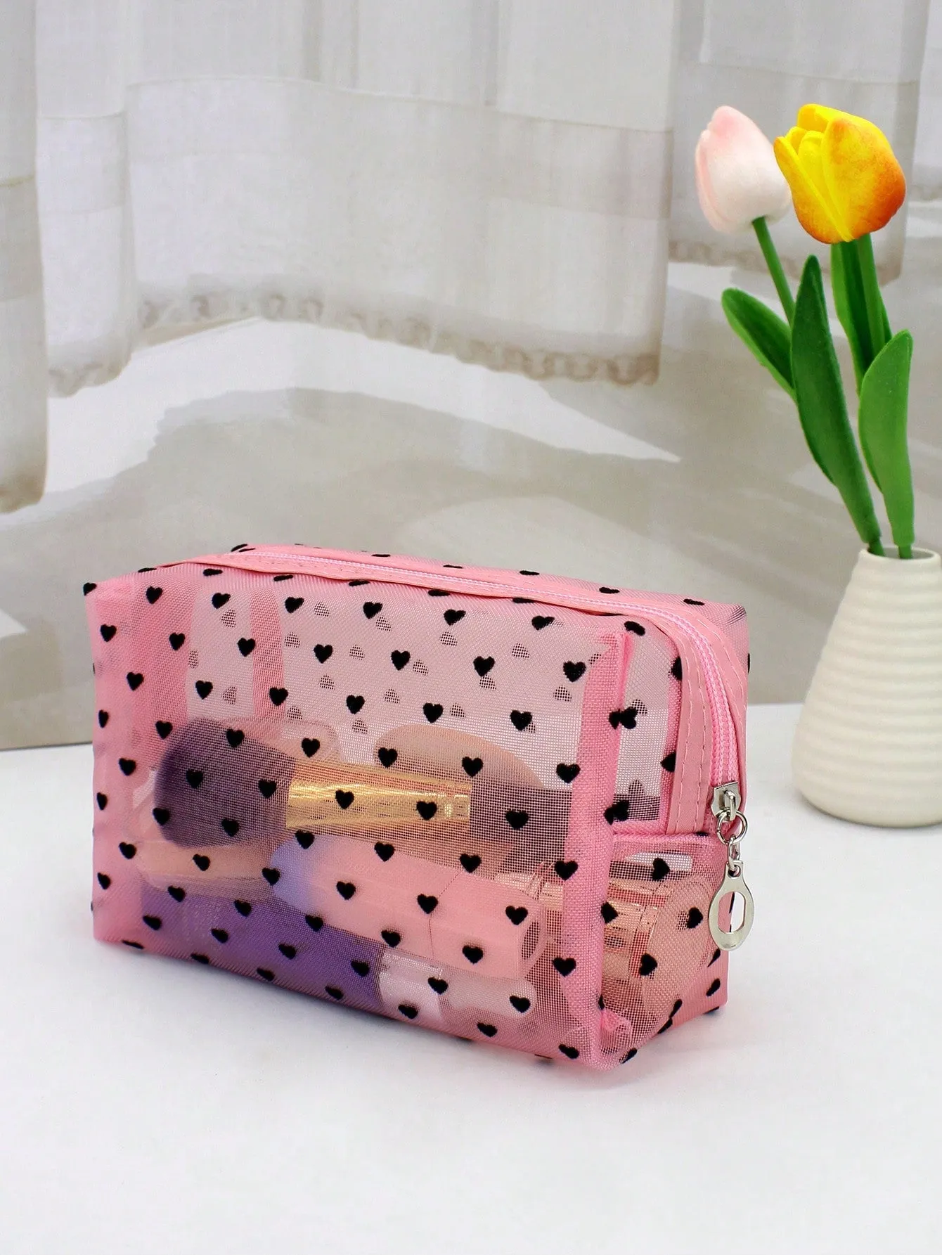 Pink Mesh Flocking Hearts Portable Transparent Makeup Bag For Women Girls