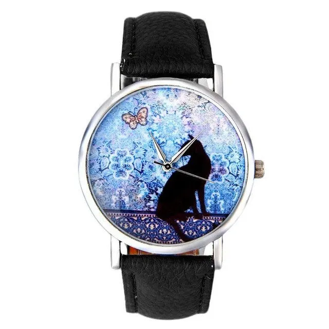 Quartz Cat Butterfly Leather Women Watch