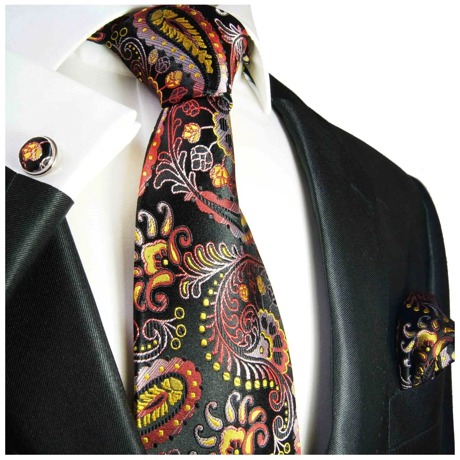 Red, Yellow and Black Paisley Formal Silk Tie and Accessories