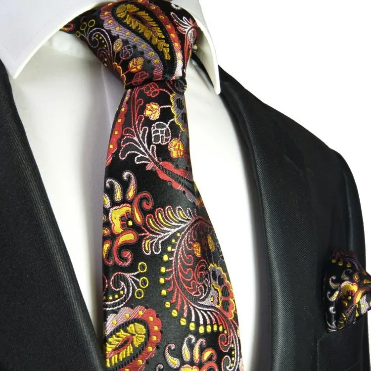 Red, Yellow and Black Paisley Formal Silk Tie and Accessories