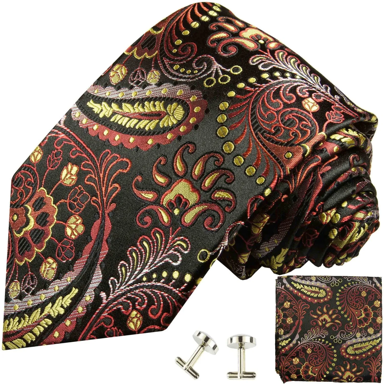 Red, Yellow and Black Paisley Formal Silk Tie and Accessories