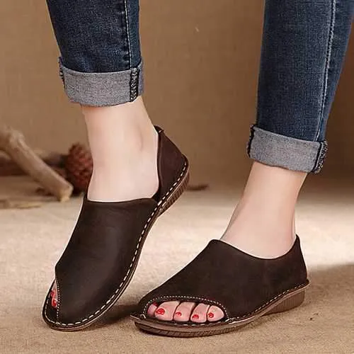 SOCOFY Leather Hollow Out Breathable Peep Toe Soft Flat Shoes