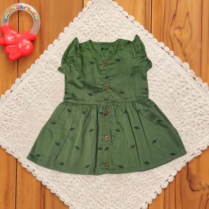 Stylish Green Gathered Frock with Wooden Buttons