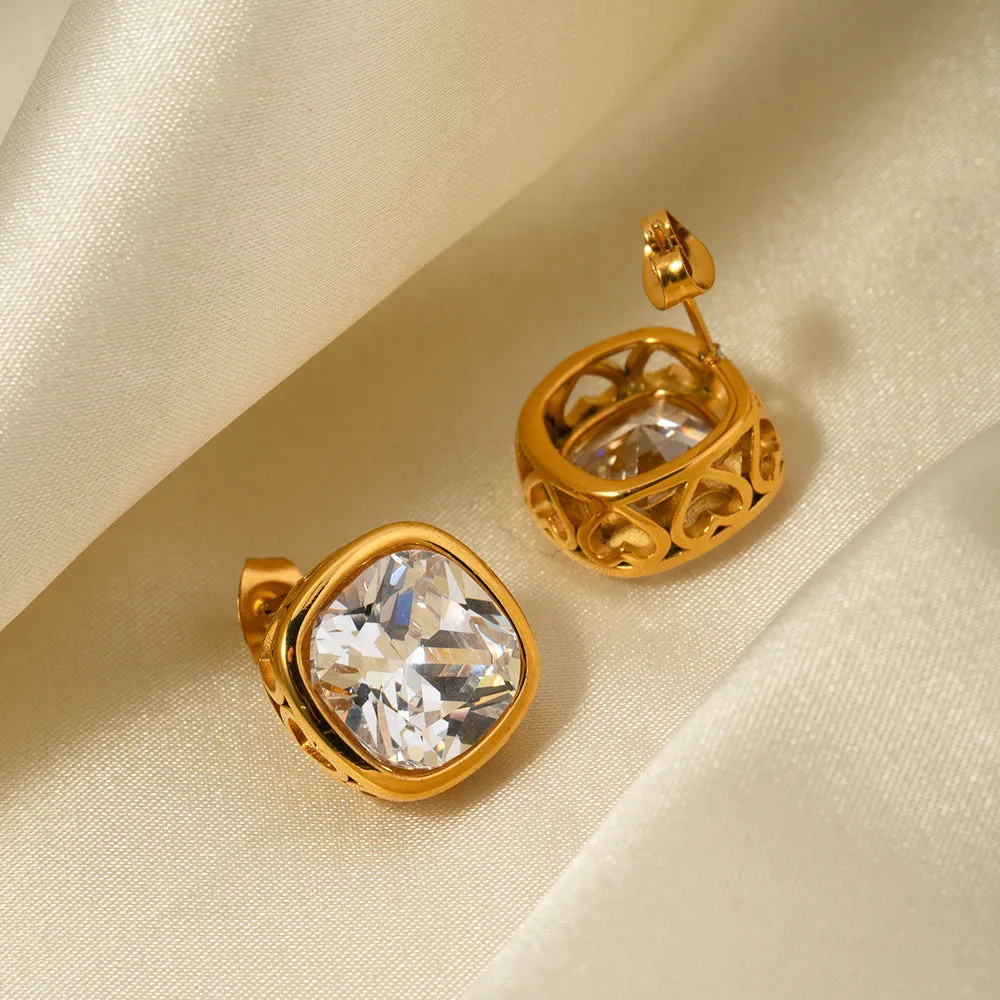 Women's Square Hollow Inlaid Zircon Stud Earrings